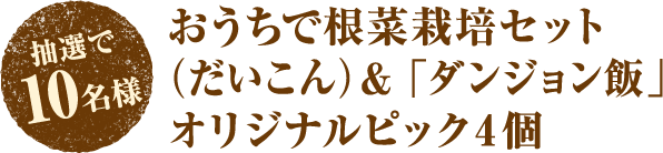 抽選で10名様 おうちで根菜栽培セット（だいこん）&「ダンジョン飯」オリジナルピック4個